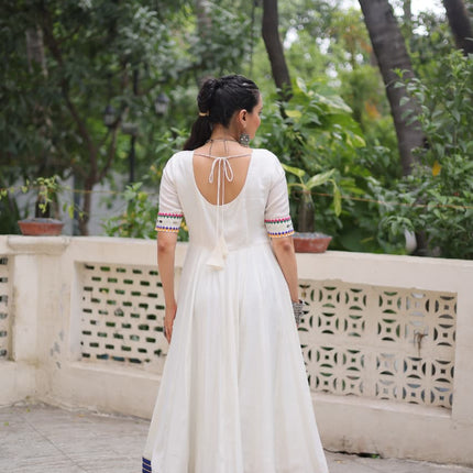 Prazu Fashion White Roman Silk Multicolor Thread And Mirror Work Navratri Gown