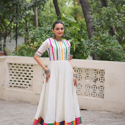 Prazu Fashion White Roman Silk Multicolor Thread And Mirror Work Navratri Gown