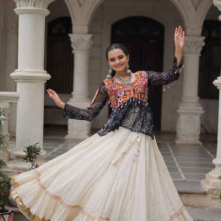 Prazu Fashion Black Georgette Bandhani Print With Kutchi Gamthi Navratri Lehenga