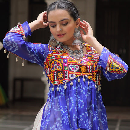 Prazu Fashion Blue Georgette Bandhani Print With Kutchi Gamthi Navratri Lehenga