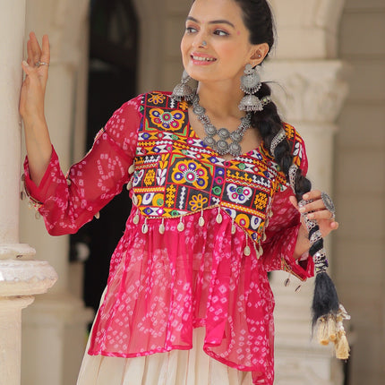 Prazu Fashion Pink Georgette Bandhani Print With Kutchi Gamthi Navratri Lehenga