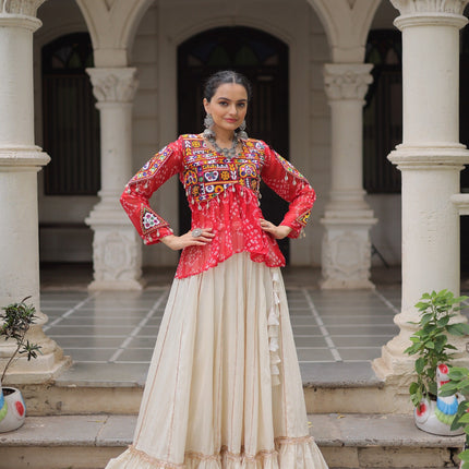 Prazu Fashion Red Georgette Bandhani Print With Kutchi Gamthi Navratri Lehenga