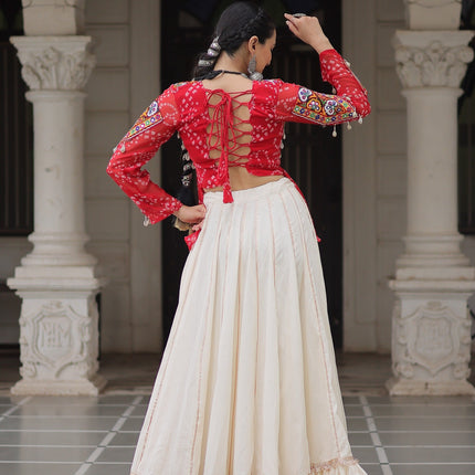 Prazu Fashion Red Georgette Bandhani Print With Kutchi Gamthi Navratri Lehenga