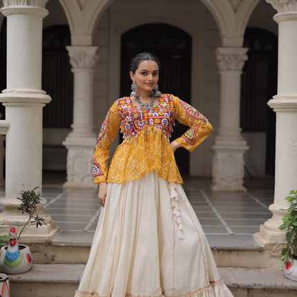 Prazu Fashion Yellow Georgette Bandhani Print With Kutchi Gamthi Navratri Lehenga