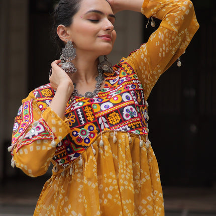 Prazu Fashion Yellow Georgette Bandhani Print With Kutchi Gamthi Navratri Lehenga