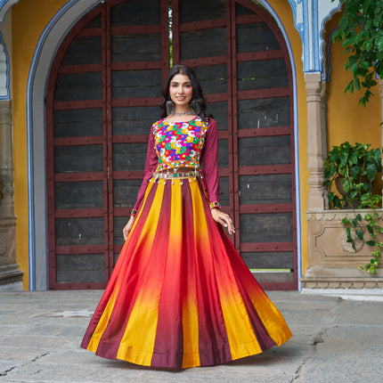 Prazu Fashion Multicolor Chinnon Pedding Kutchi Gamthi Embroidered Work Navratri Lehenga