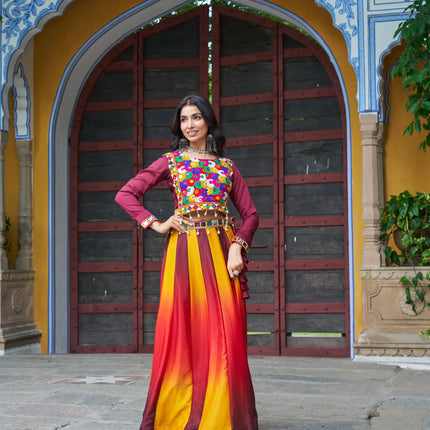 Prazu Fashion Multicolor Chinnon Pedding Kutchi Gamthi Embroidered Work Navratri Lehenga