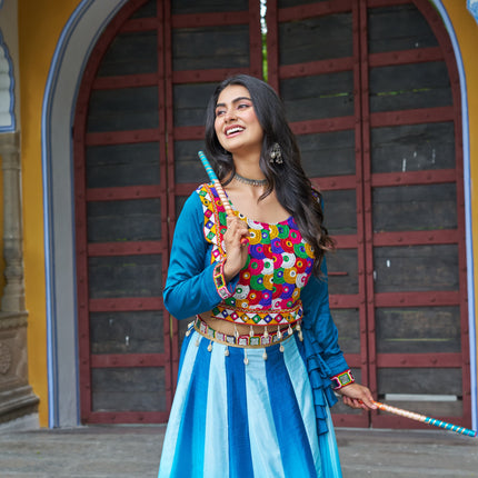 Prazu Fashion Multicolor Chinnon Pedding Kutchi Gamthi Embroidered Work Navratri Lehenga