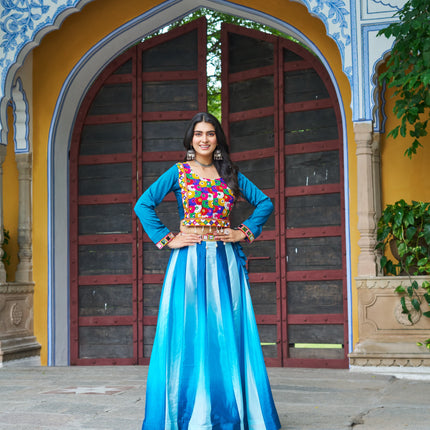 Prazu Fashion Multicolor Chinnon Pedding Kutchi Gamthi Embroidered Work Navratri Lehenga