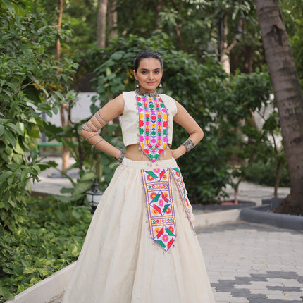 Prazu Fashion Off White Kora Cotton With Kutchi Gamthi Work Lehenga For Navratri