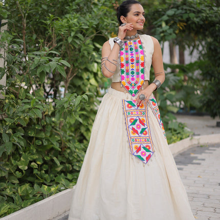 Prazu Fashion Off White Kora Cotton With Kutchi Gamthi Work Lehenga For Navratri