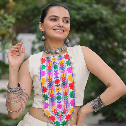 Prazu Fashion Off White Kora Cotton With Kutchi Gamthi Work Lehenga For Navratri