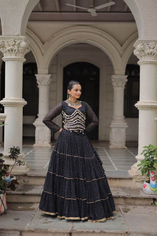 Prazu Fashion Black Georgette Leheriya Print Work With Mirror Lace Navratri Lehenga