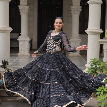 Prazu Fashion Black Georgette Leheriya Print Work With Mirror Lace Navratri Lehenga