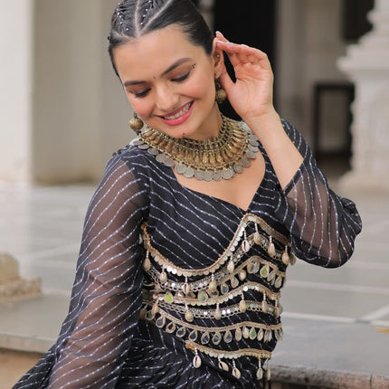 Prazu Fashion Black Georgette Leheriya Print Work With Mirror Lace Navratri Lehenga