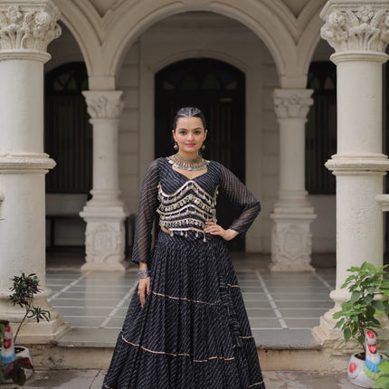 Prazu Fashion Black Georgette Leheriya Print Work With Mirror Lace Navratri Lehenga