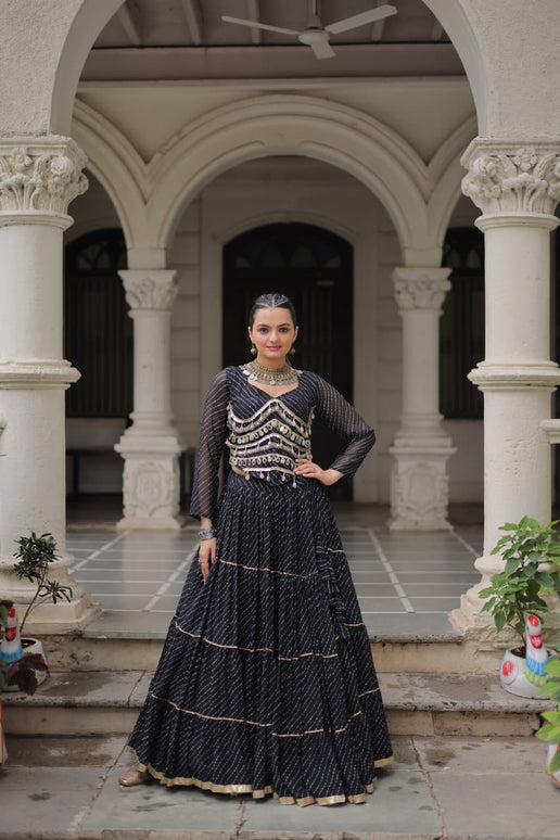 Prazu Fashion Black Georgette Leheriya Print Work With Mirror Lace Navratri Lehenga