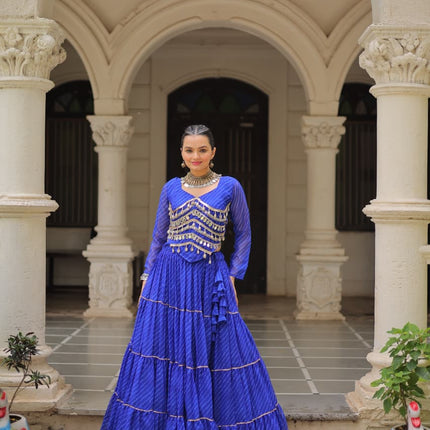 Prazu Fashion Blue Georgette Leheriya Print Work With Mirror Lace Navratri Lehenga