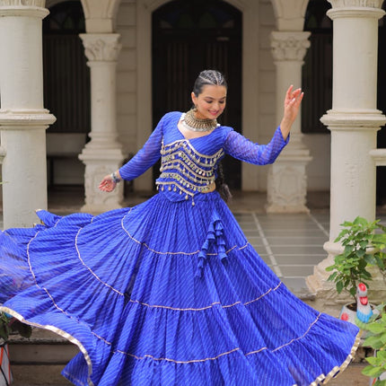 Prazu Fashion Blue Georgette Leheriya Print Work With Mirror Lace Navratri Lehenga