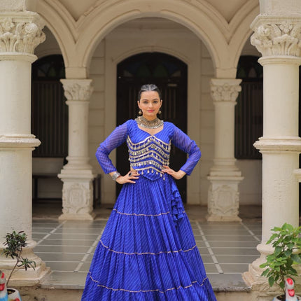 Prazu Fashion Blue Georgette Leheriya Print Work With Mirror Lace Navratri Lehenga