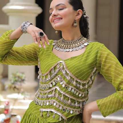 Prazu Fashion Mehendi Georgette Leheriya Print Work With Mirror Lace Navratri Lehenga