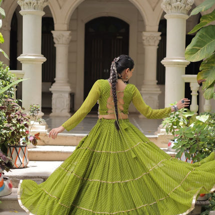 Prazu Fashion Mehendi Georgette Leheriya Print Work With Mirror Lace Navratri Lehenga