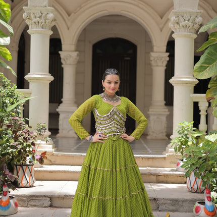 Prazu Fashion Mehendi Georgette Leheriya Print Work With Mirror Lace Navratri Lehenga