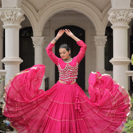 Prazu Fashion Pink Georgette Leheriya Print Work With Mirror Lace Navratri Lehenga