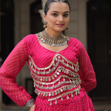 Prazu Fashion Pink Georgette Leheriya Print Work With Mirror Lace Navratri Lehenga