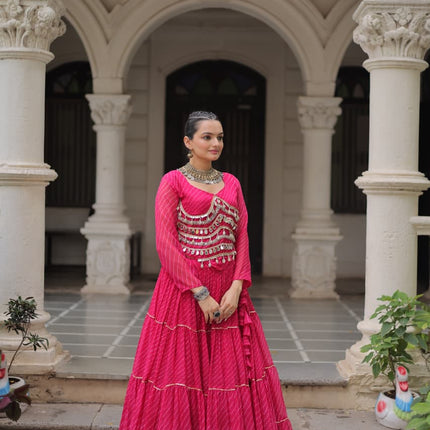 Prazu Fashion Pink Georgette Leheriya Print Work With Mirror Lace Navratri Lehenga