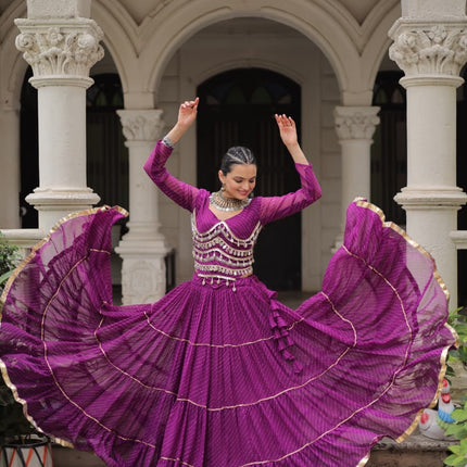 Prazu Fashion Purple Georgette Leheriya Print Work With Mirror Lace Navratri Lehenga