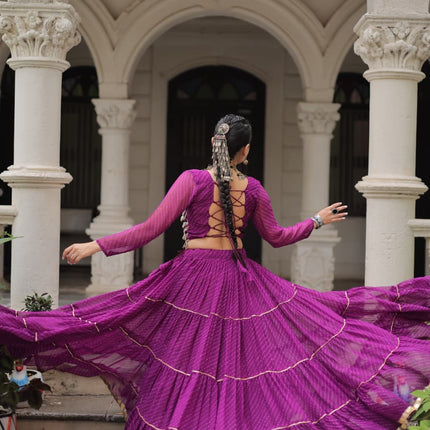 Prazu Fashion Purple Georgette Leheriya Print Work With Mirror Lace Navratri Lehenga