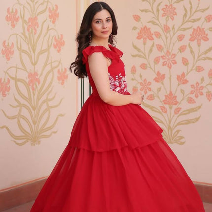 Aastha Fashion Red Faux Blooming Beads Embroidered work Party Wear Designer Gown