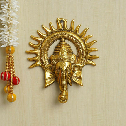 eCraftIndia Golden Lord Ganesha With Sun Decorative Metal Wall Hanging