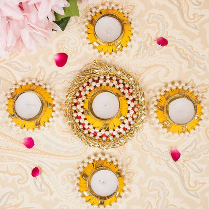 Tied Ribbons Set Of 5 Golden Diwali Dcoration Tealight Candle Holder