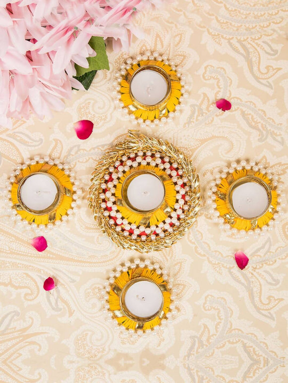 Tied Ribbons Set Of 5 Golden Diwali Dcoration Tealight Candle Holder