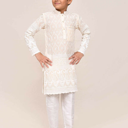 Joban Fashion Cotton Based With Thread & Sequence Work Cream Kurta With Straight Fit Pant