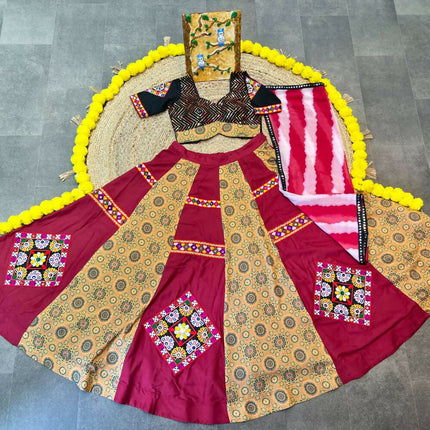 Aastha Fashion Maroon Maslin / Rayon Heavy Print + Gamthi Work Lace + Patch Semi Stitched Wedding Wear Lehenga Choli