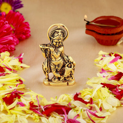 Estele Gold-Polished Spiritual Lord Krishna Idol for Home/Car Decor