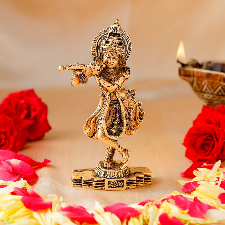 Estele Gold-Polished Sri Krishna Idol for Pooja/Car decor