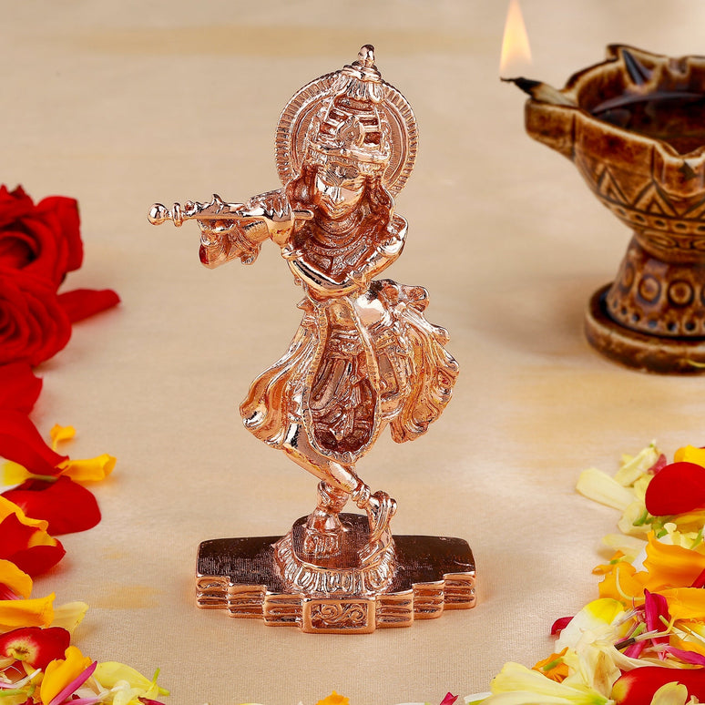 Estele Pink/RoseGold-Polished Playing Flute Shri Krishna Idol/Deity|Showpiece for Pooja Mandir/Car décor