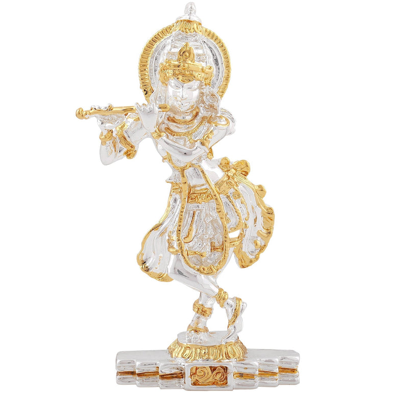 Estele Gold-Polished Playing flute Sri Krishna Idol for Home/Car decor