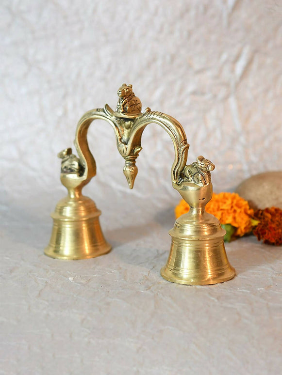 CraftVatika Gold-Toned Brass Hand Held With Nandi Sitting On Top Double Puja Bell