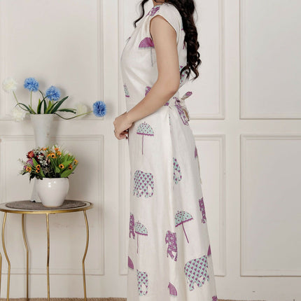 Miravan Womens Off-White Animal Printed Asymmetric Neck A-Line Maxi Dress