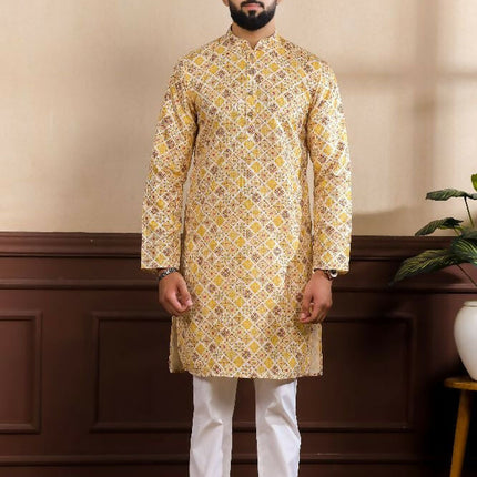 Mustard Art Silk Digital Printed, Embroidery Work Kurta Set - Mahotsav