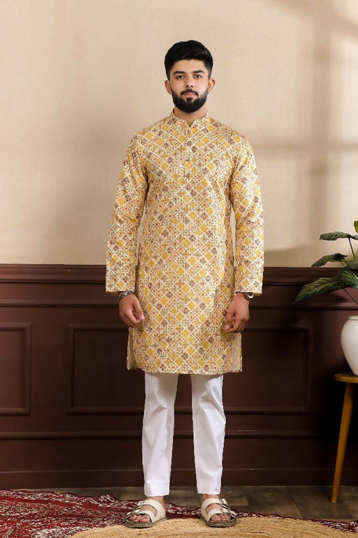 Mustard Art Silk Digital Printed, Embroidery Work Kurta Set - Mahotsav
