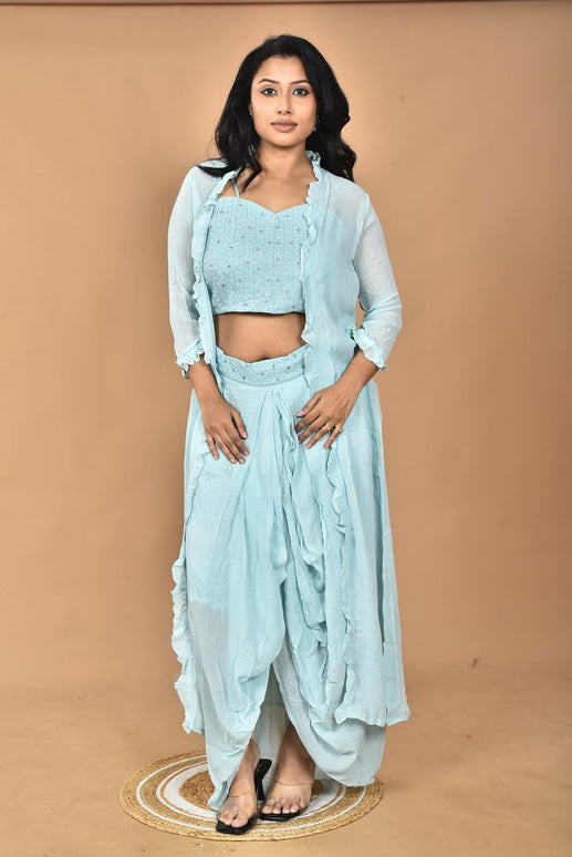 Morchari Women Hand Embroidery Crop Top-Sky