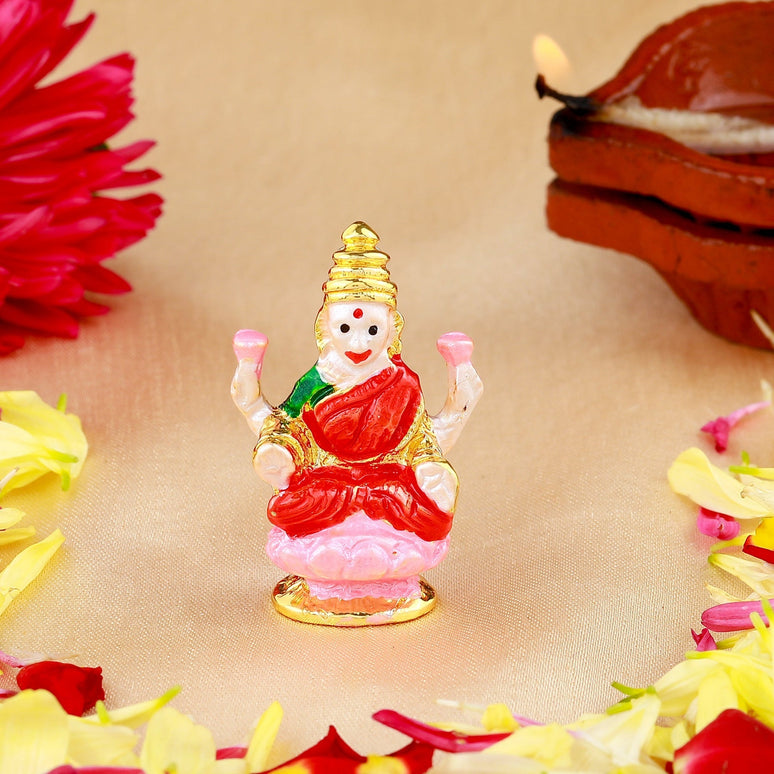 Estele Gold-Polished goddess of wealth Laxmi Devi on lotus Idol with multi-color Stone Type:Enamel for Home/Car decor