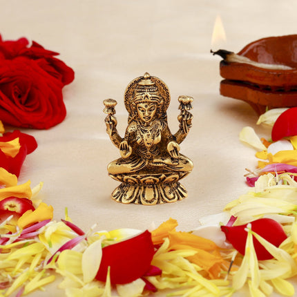 Estele Gold-Polished goddess of wealth Laxmi Devi on lotus Idol for Home/Car decor