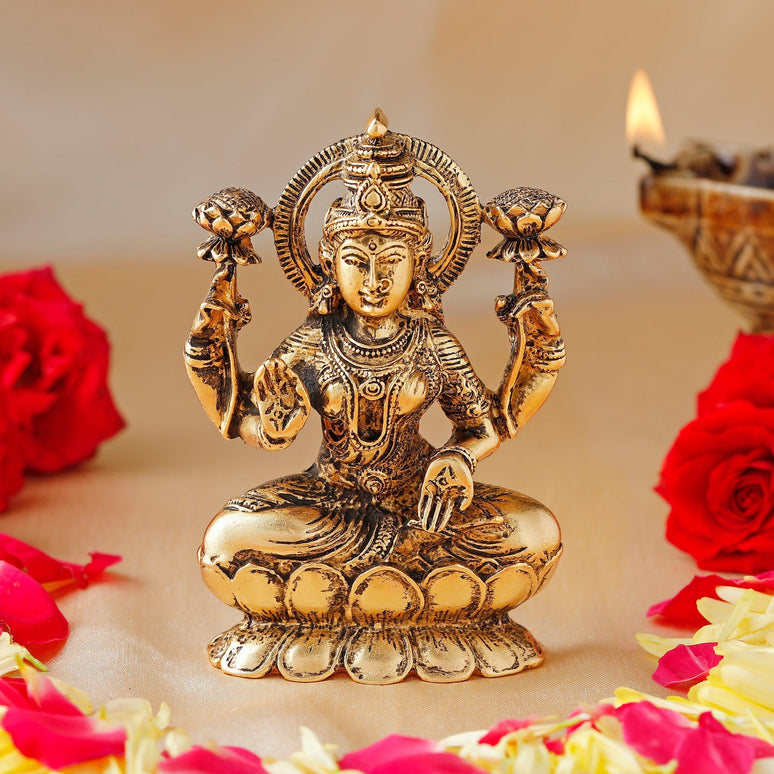 Estele Gold-Polished goddess of wealth Laxmi Devi on lotus Idol for Pooja/Car decor